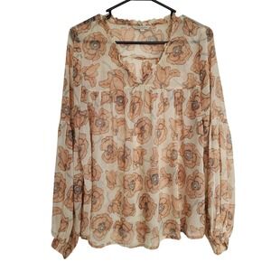 Lucky Brand Floral Print Sheer Long Sleeve Blouse Versatile Casual Relaxrd Fit M